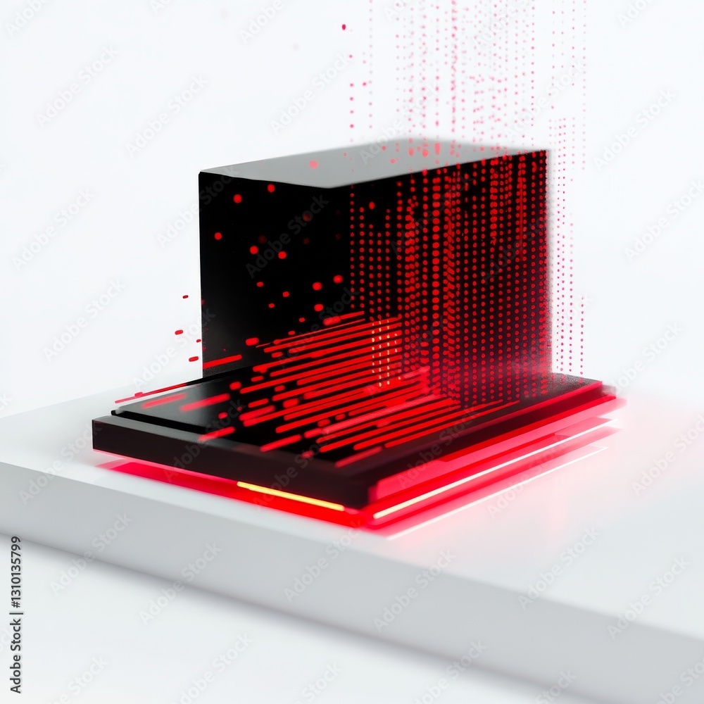 Leinwandbilder abstract black cube with red light streaks and falling data on white platform, minimalist compositio