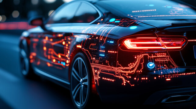 Close-up of a car's wiring system with illuminated indicator lights and microcontrollers, illustrating the sophisticated design of modern vehicle electronics.