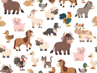 Fototapeta premium Kids farm cartoon pattern. Seamless village background with farm animals - livestock and birds, pets. Farm inhabitants on a white background.