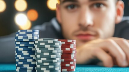 Naklejka premium A tense poker scene featuring a sharp-eyed player leaning forward, analyzing his opponent across the table.