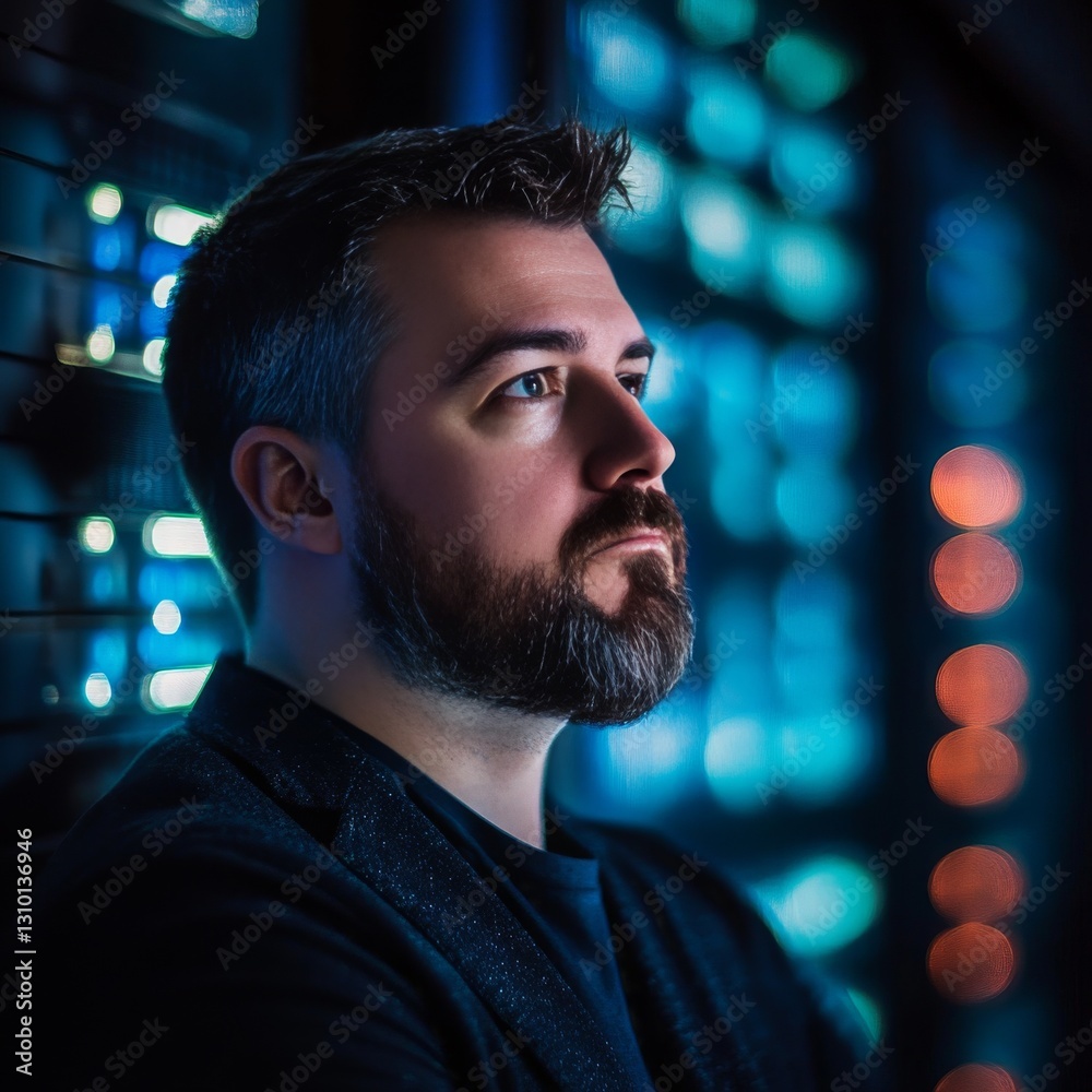 Aufkleber contemplative it professional: a portrait of a bearded man in front of server racks in a dimly lit d