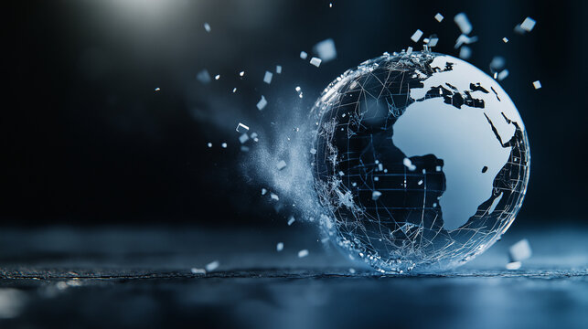 A glass-like globe shattering into countless pieces, with dust and debris scattering, symbolizing the delicate state of global stability.