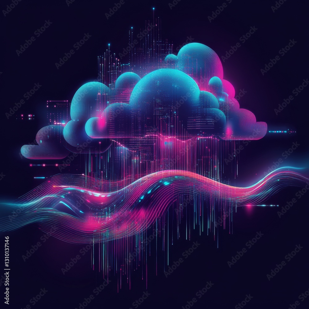 Aufkleber cyberpunk cloud city: digital infrastructure and data streams in a neon-infused landscape