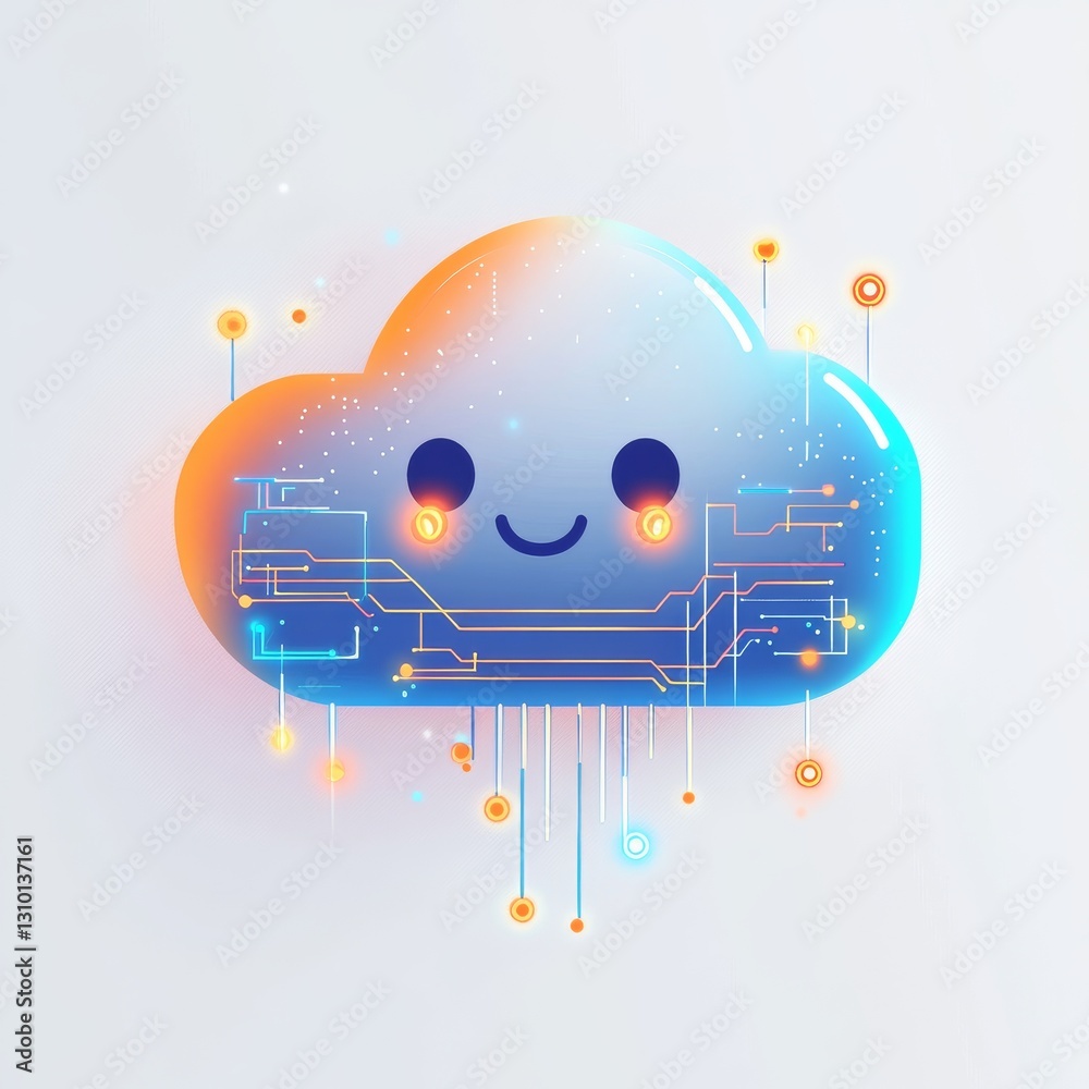 Fototapete Cute Cloud Computing: Smiling Digital Data Storage with Colorful Circuit Board Design and Futuristic Connections
