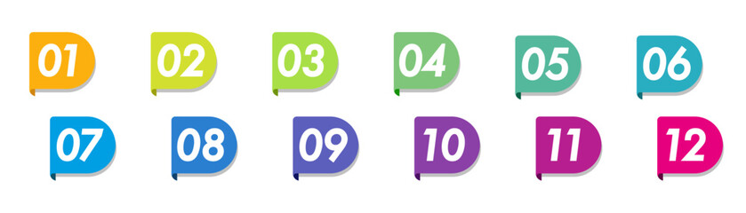 Bullet points numbers from 1 to 12 list markers colorful trendy typography
