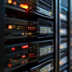 Obraz premium Data Center Servers: Close-up of Rack-Mounted Units with Operating Lights and Running System Activity