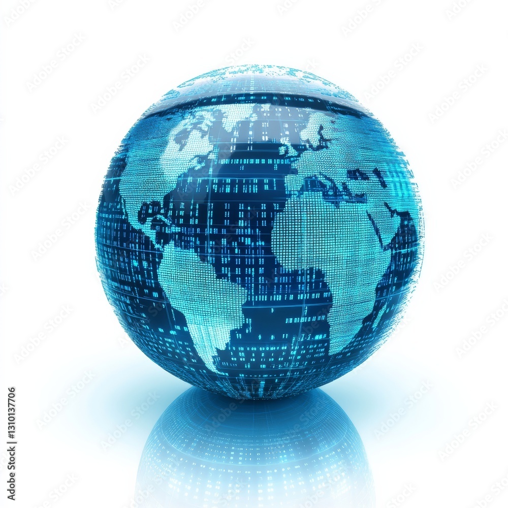 Fototapete Digital Earth Globe with Tech Grid and Reflection, Global Network, Data Visualization and Connection Concept 