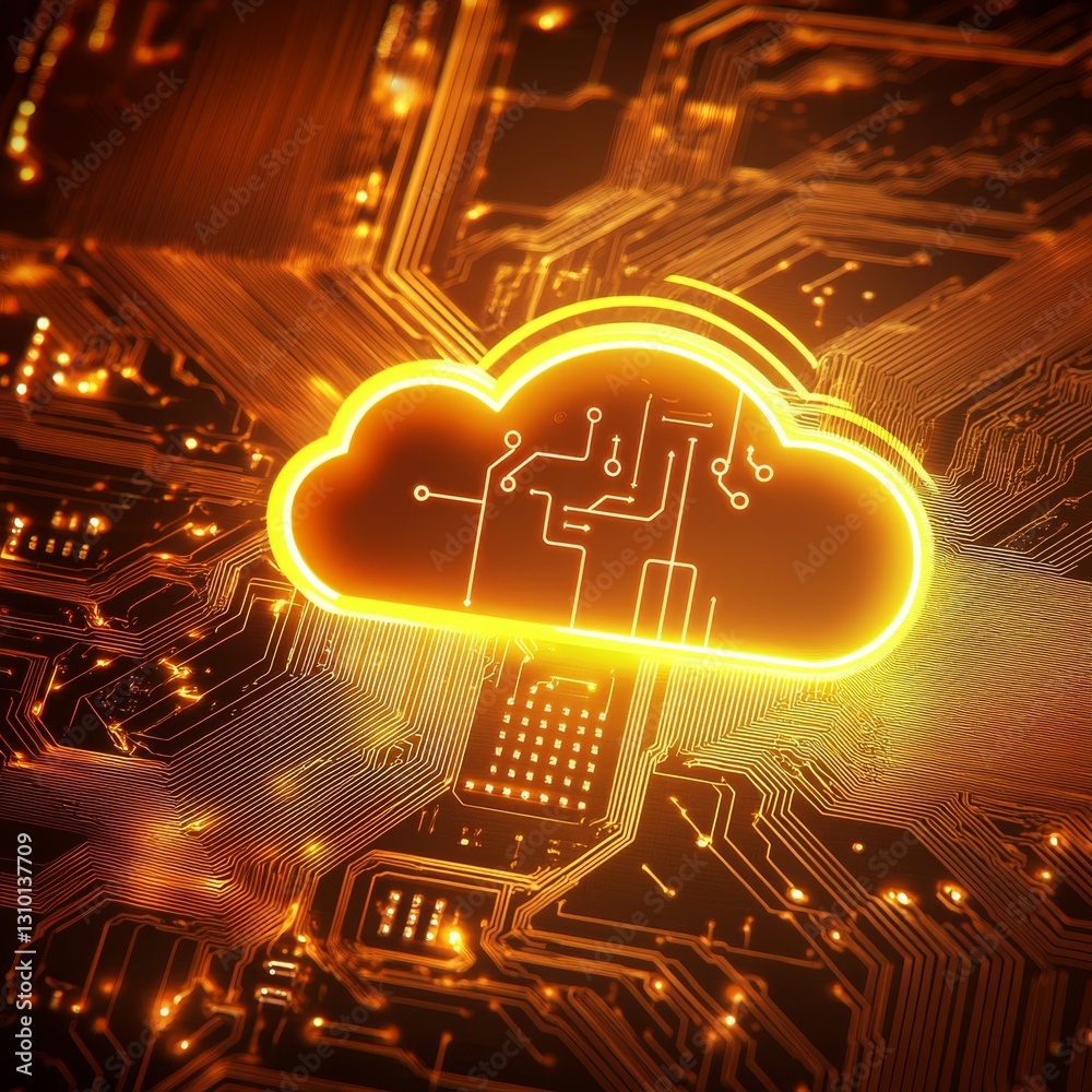 Fototapete Digital Cloud: Glowing Representation on a Complex Circuit Board, Symbolizing Connectivity and Data Storage