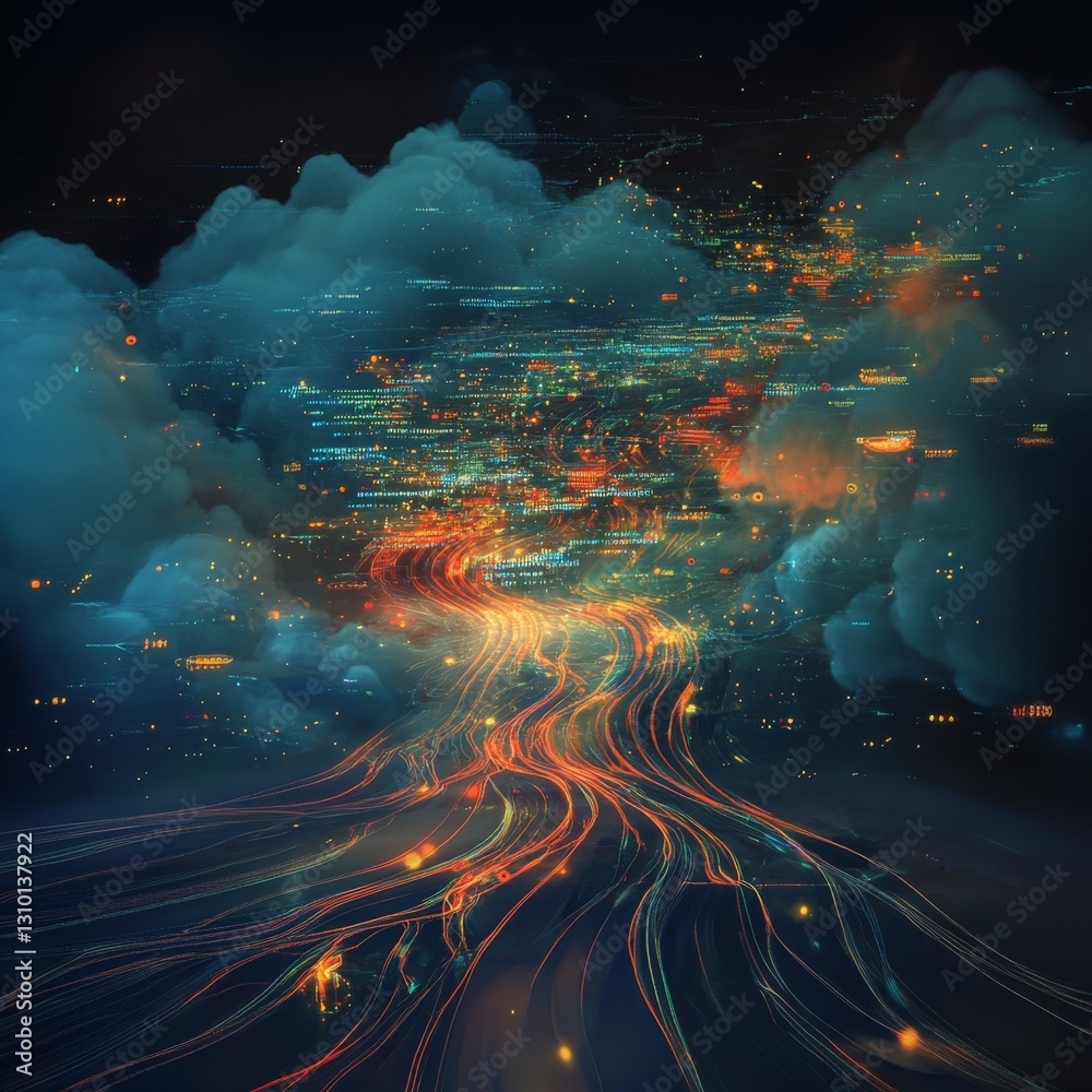 Fototapete Digital Stream: Data Flowing Through Cloud Networks, Illuminating the Information Highway of the Future