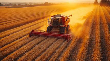 Fototapeta premium A combine harvester moves steadily through golden fields, efficiently harvesting crops under the warm glow of the setting sun. Dust swirls in the air, creating a picturesque rural landscape