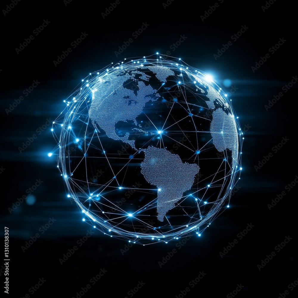 Poster global connectivity: digital earth with glowing network connections on dark background