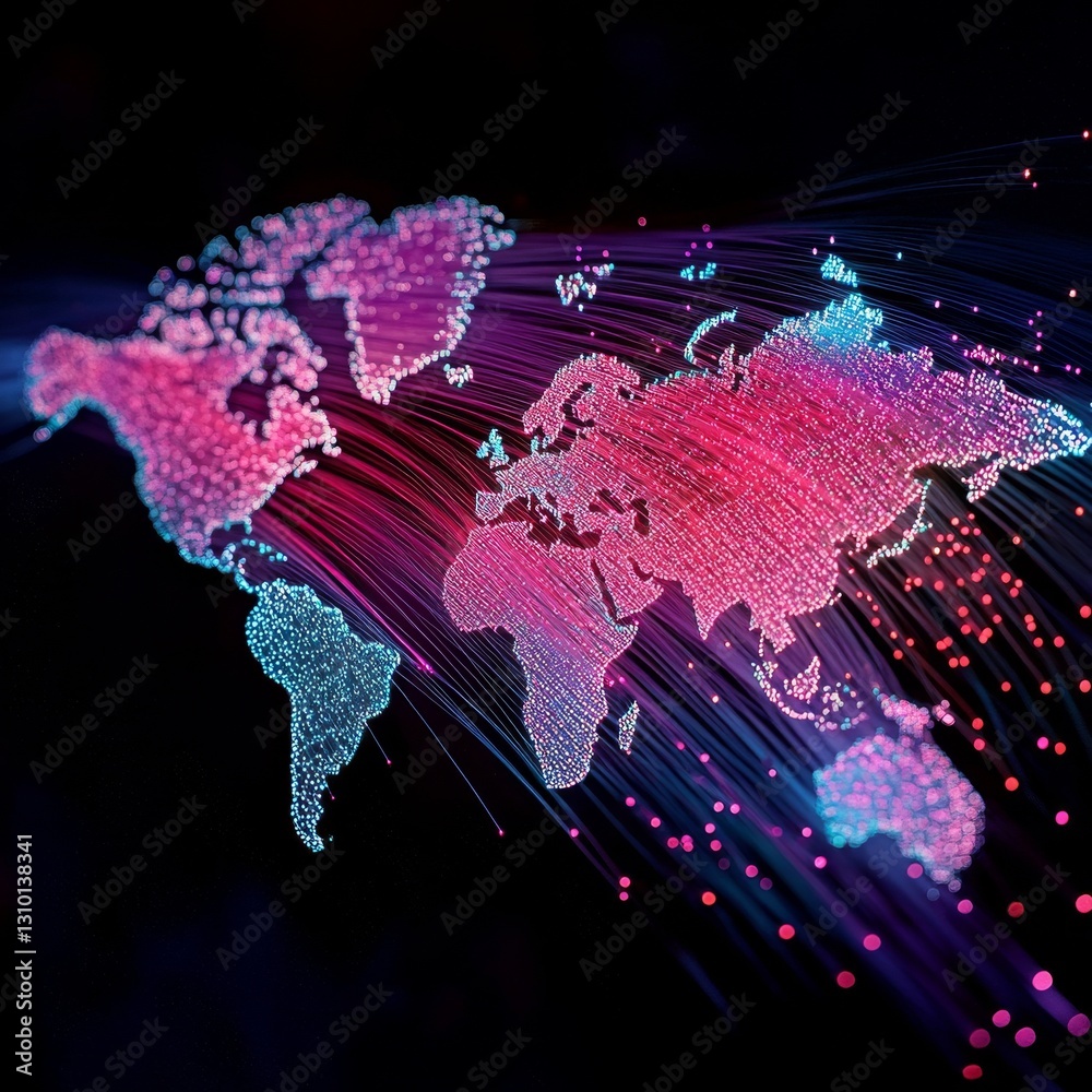 Poster global connectivity: world map formed from glowing fiber optic cables illustrating interconnected ne