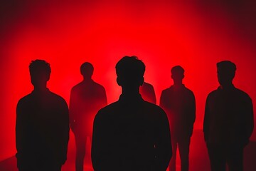 Red background silhouettes draw attention to insider threat suspect monitoring  
