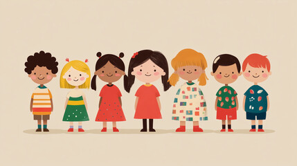 Cute cartoon kids standing together on a light background