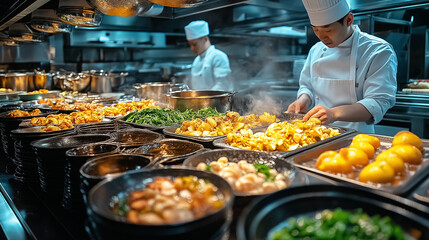 Obraz premium In a large, bustling restaurant kitchen, a well-known chef focuses on preparing gourmet dishes