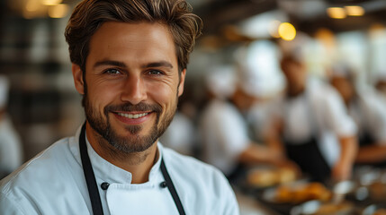 Obraz premium A renowned chef stands confidently in a bustling kitchen, overseeing meal preparations and guiding staff during the lunch rush at a high-end restaurant