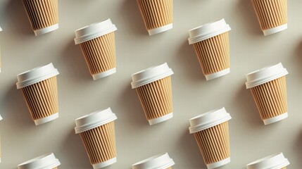 Disposable brown paper coffee cups piled up, focusing on waste management.