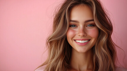 Naklejka premium A talented hairdresser stands against a vibrant backdrop, smiling brightly. Her hair is styled beautifully, reflecting her skills and passion for hairstyling in a modern salon environment