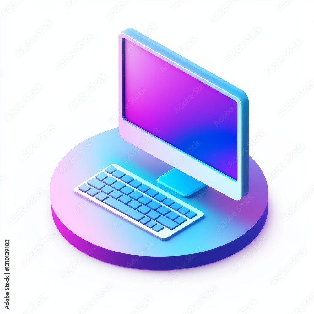 Poster Minimalist Computer Setup: Isometric View with Gradient Colors on White Background