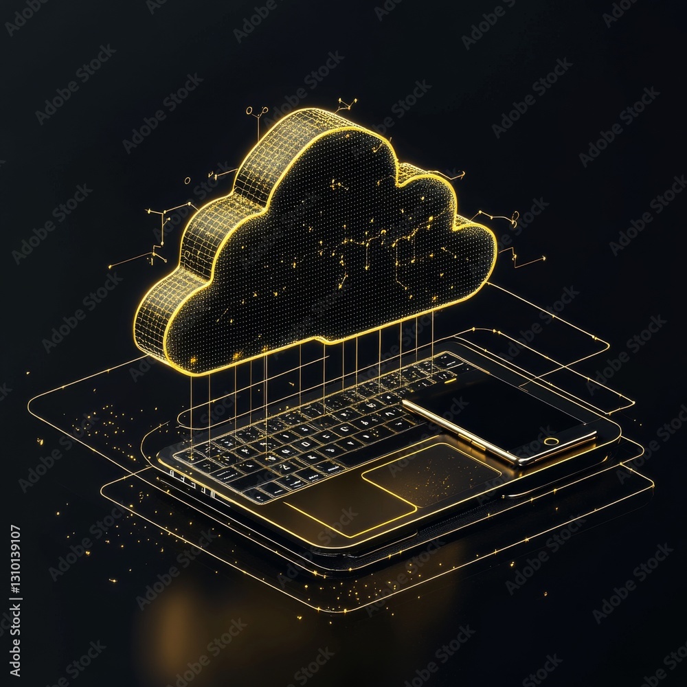 Aufkleber modern cloud computing technology: laptop, phone, and data connection in golden cyberpunk style
