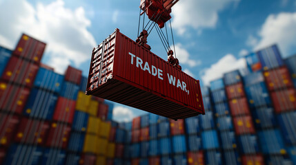 A crane lifting a red container labeled "TRADE WAR," surrounded by stacks of blue and yellow containers, symbolizing economic friction and shifting trade policies.