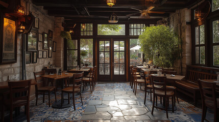 This Greek tavern features a warm and inviting interior with wooden tables, comfortable chairs, and unique decor. Sunlight filters through large windows, enhancing the rustic charm