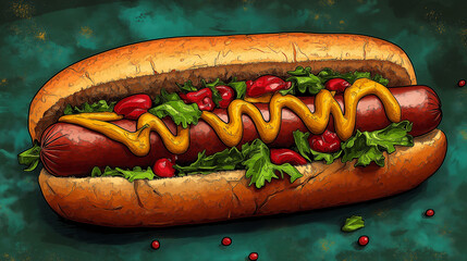 A delicious hot dog sits on a soft bun, generously topped with mustard, fresh lettuce, and diced tomatoes. This appetizing dish is perfect for a casual outdoor meal or picnic