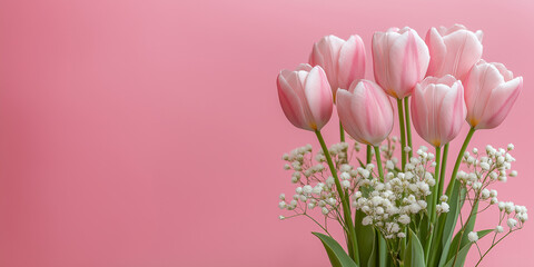 Soft Pink Tulips: A close-up shot of a bouquet of soft pink tulips, complemented by delicate white baby's breath, against a captivating backdrop. The arrangement exudes elegance and beauty.