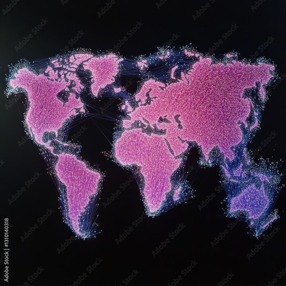 Poster World Map of Connections: A Glowing Visualization of Global Networks and Data Flow on a Black Background.