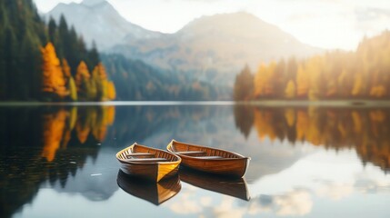   A pair of tiny vessels nestled atop a serene body of water adjacent to a dense, verdant woodland brimming with arboreal splendor