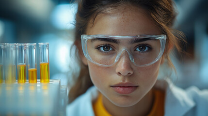 A focused laboratory assistant wearing safety glasses is arranging test tubes filled with colorful liquids on a workbench in a contemporary lab