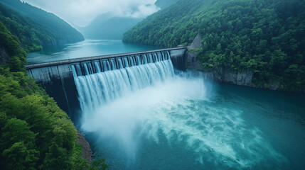 A large hydroelectric dam channels a powerful flow of water into a serene reservoir. The structure stands tall amid dense greenery, showcasing nature's harmony with engineering