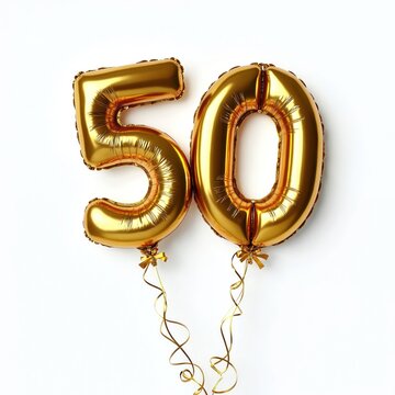 Golden number fifty metallic balloon isolated on white background. Party decoration balloons. Anniversary, happy birthday sign. Celebrate fiftieth birthday event with golden foil balloon and ribbon.