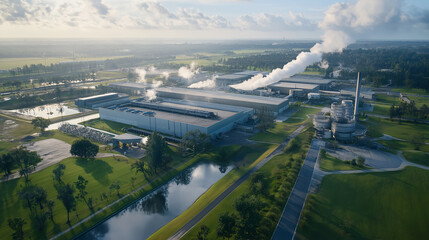 Aerial view of a massive manufacturing facility with a visible network of air filtration units and ventilation systems ensuring pollutant control.