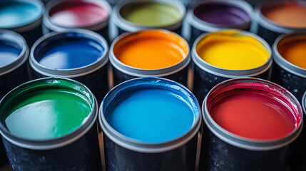 Fototapeta premium A variety of paint cans filled with vibrant colors are neatly arranged in a creative workspace, offering an inspiring palette for artistic projects. Bright hues include blue, green, orange, and red