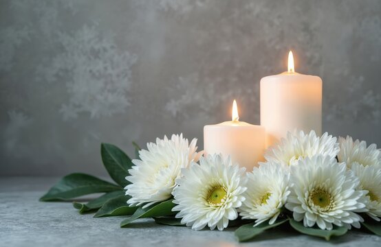 Still life featuring lit white candles, fresh white chrysanthemums set against textured grey background. Condolence, peace, remembrance for respectful memorial service. Floral arrangement represents