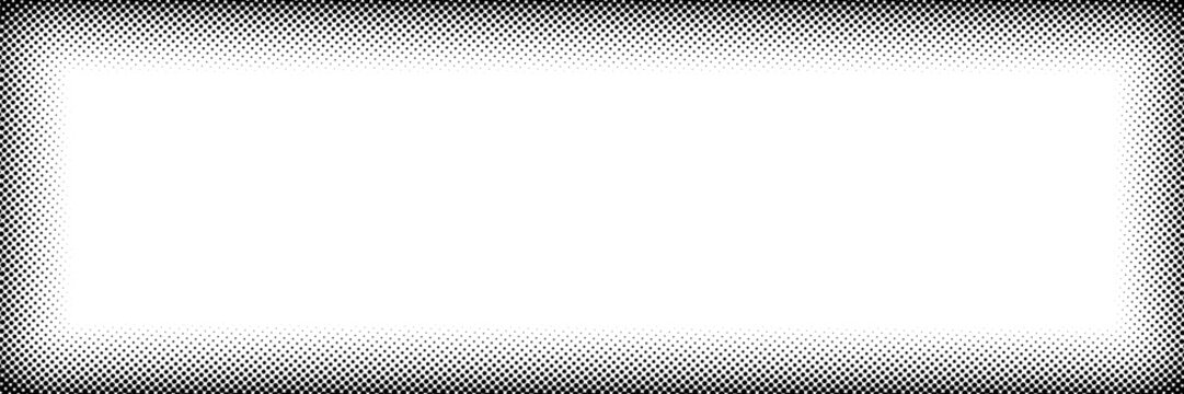 Dotted border comic, halftone rectangle grain frame template pop art fading gradient style black white color vector