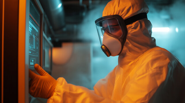 A worker in protective gear monitors an industrial dust collectorâs efficiency, digital gauges displaying real-time air filtration data.