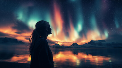 A girl in silhouette stands peacefully, captivated by the colorful aurora borealis lighting up the night sky. The serene waters reflect the stunning display of nature's beauty in a remote area