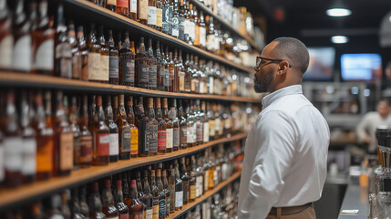 A man examines various bottles of alcohol displayed on shelves inside a well-organized liquor store. The warm lighting enhances the inviting ambiance during the evening