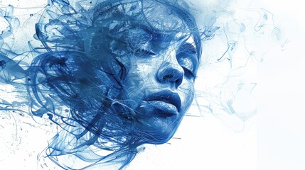 Fototapeta premium A ghostly human figure emerges from flowing blue patterns, capturing a sense of serenity and introspection. The abstract sketch enhances its mysterious aura.
