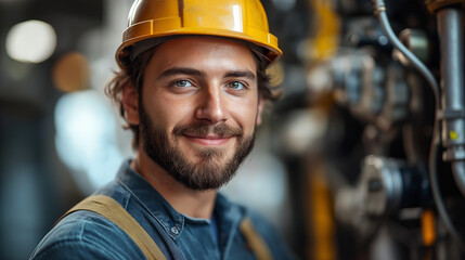 Young electrician stands confidently in a workshop, surrounded by electrical equipment, wearing a safety helmet and showing a friendly smile during work