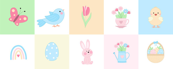 Design elements for Easter celebration: butterfly, bird, flowers, cup, chick, rainbow, rabbit, Edd, basket, watering can. Spring collection. Vector illustration for banners, invitations, cards