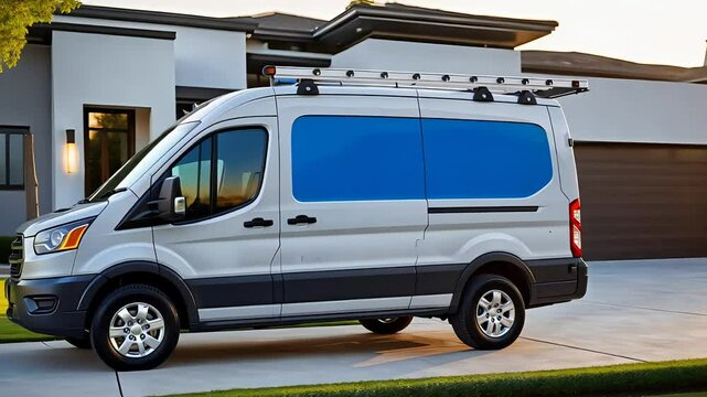 Commercial delivery van parked in front of a luxury home driveway on a sunny day
