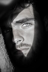 Fototapeta premium Dramatic Black and White Portrait of a Pensive Man in Shadow