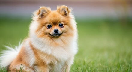 Adorable Pomeranian dog sitting on green grass in a sunny setting