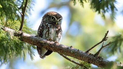 Obraz premium Owl perched on branch in forest (1)