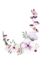 Fantasy brown and light purple leaves, flowers, berries and butterfly frame by watercolor.