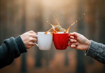 Two hands clinking coffee mugs, symbolizing friendship and celebration