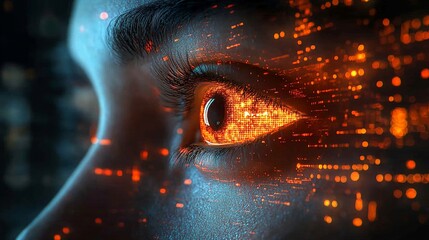 Futuristic vision with eye as display, digital data streaming. Advanced tech interface merges sight and digital reality in vibrant orange.